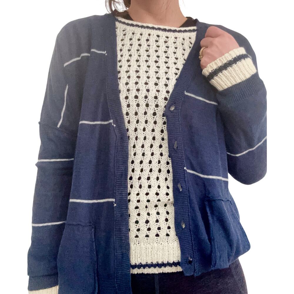 360 Cashmere Navy Blue and White Mini Button Up Cardigan Sweater Small